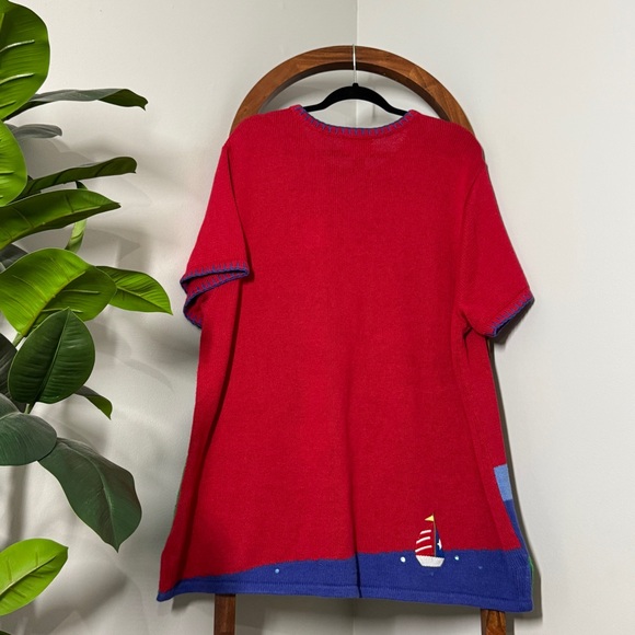 Quacker Factory 2X Red New England Lighthouse Short Sleeve Knit Tunic Sweater - Picture 2 of 7